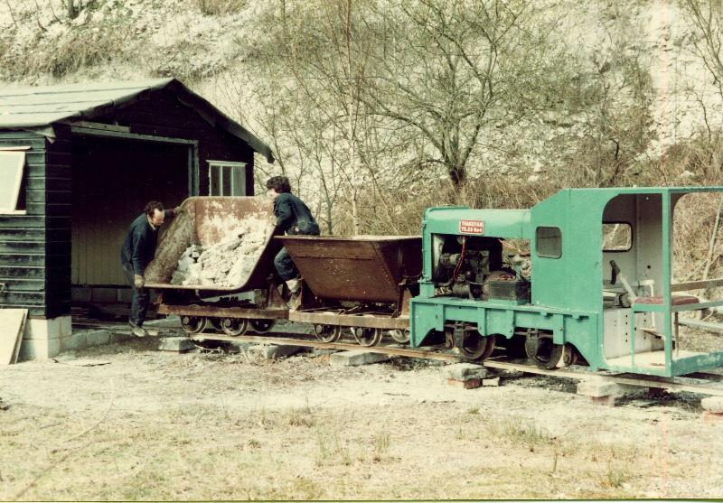 construction07.jpg - The shed at Brockham, soon to become the home of Polar Bear, is now ready, with track leading in. The surrounding ground is being raised to provide a level working area. The loco is Thakeham Tiles Hudson Hunslet 3653.